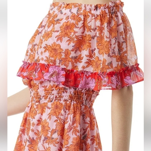 JESSICA SIMPSON PINK & ORANGE RUFFLE FLORAL PRINT OFF SHOULDER MINI DRESS SZ L - Picture 7 of 11